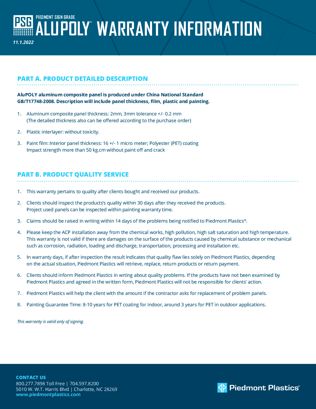 Piedmont Sign Grade® AluPOLY® Limited Warranty